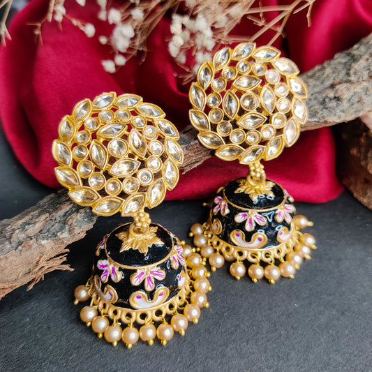 Reverse AD Meenakari Jhumka Earring - Black