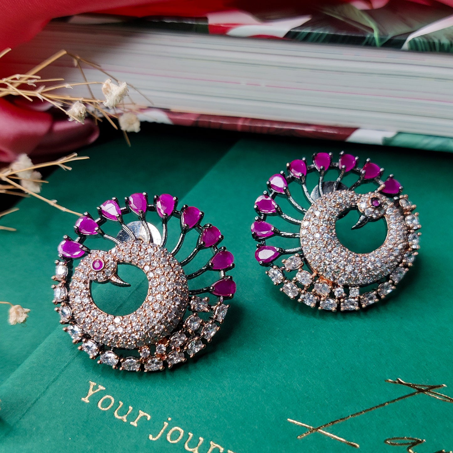 Round Peacock AD Stud Earrings - Pink