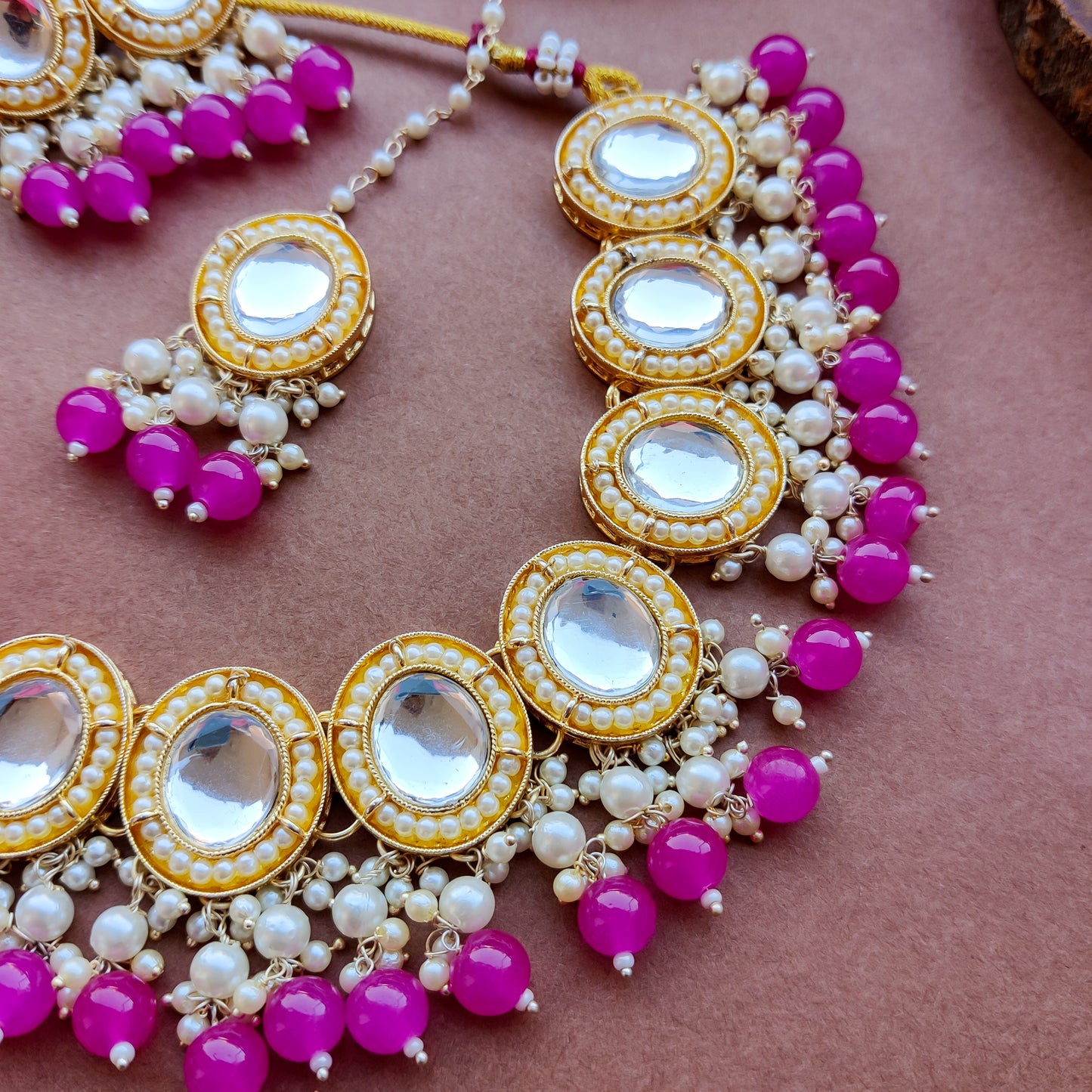 Saugaat Kundan Pearl Necklace Set with Earrings & Tika - Pink