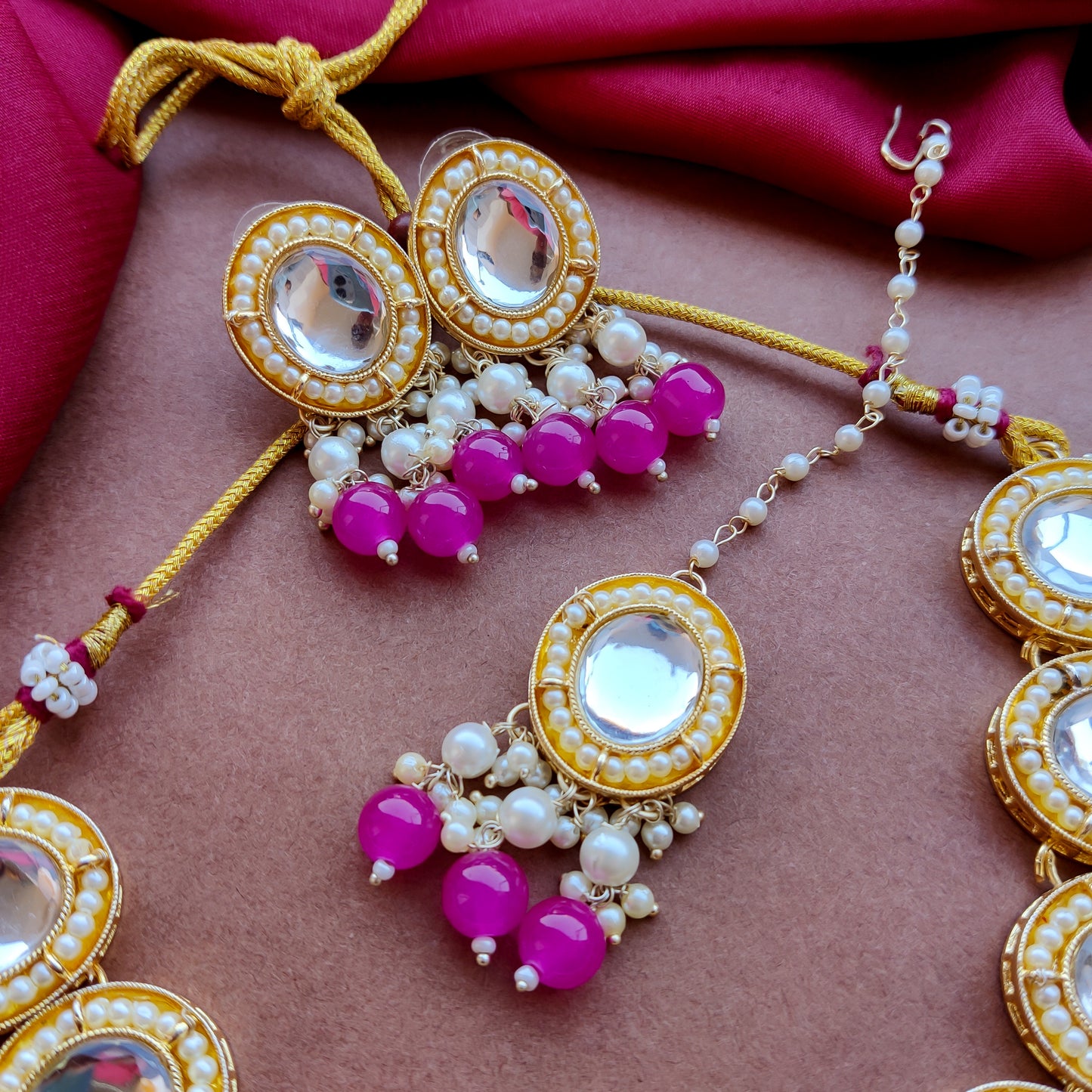 Saugaat Kundan Pearl Necklace Set with Earrings & Tika - Pink