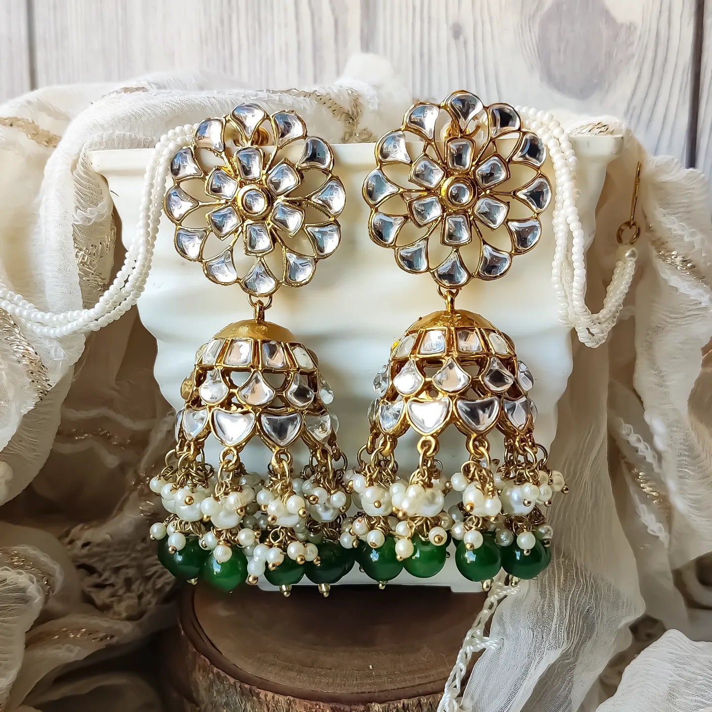 Indra Kundan Cutwork Jhumka Earrings - Green