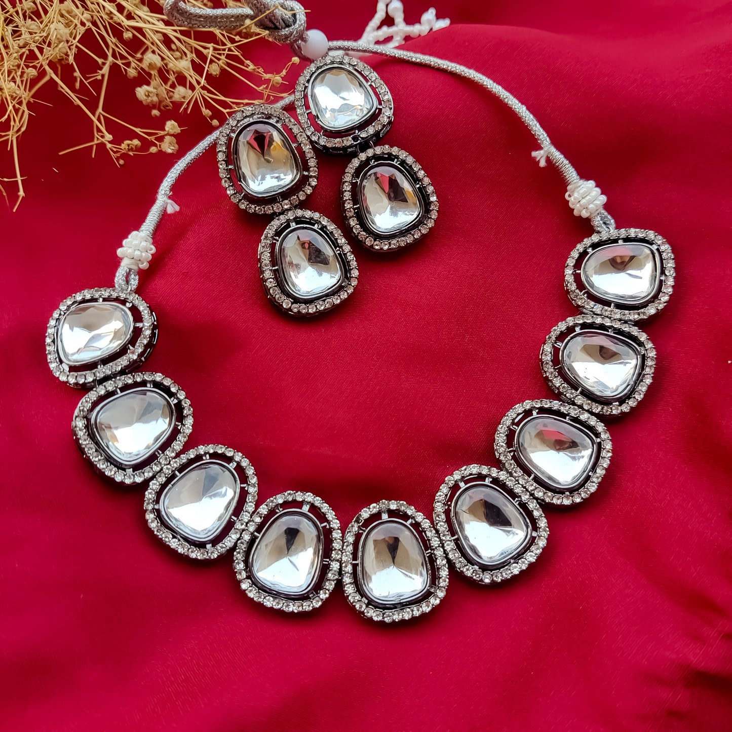 Black Metal Polki Look Alike Necklace Set with Earrings