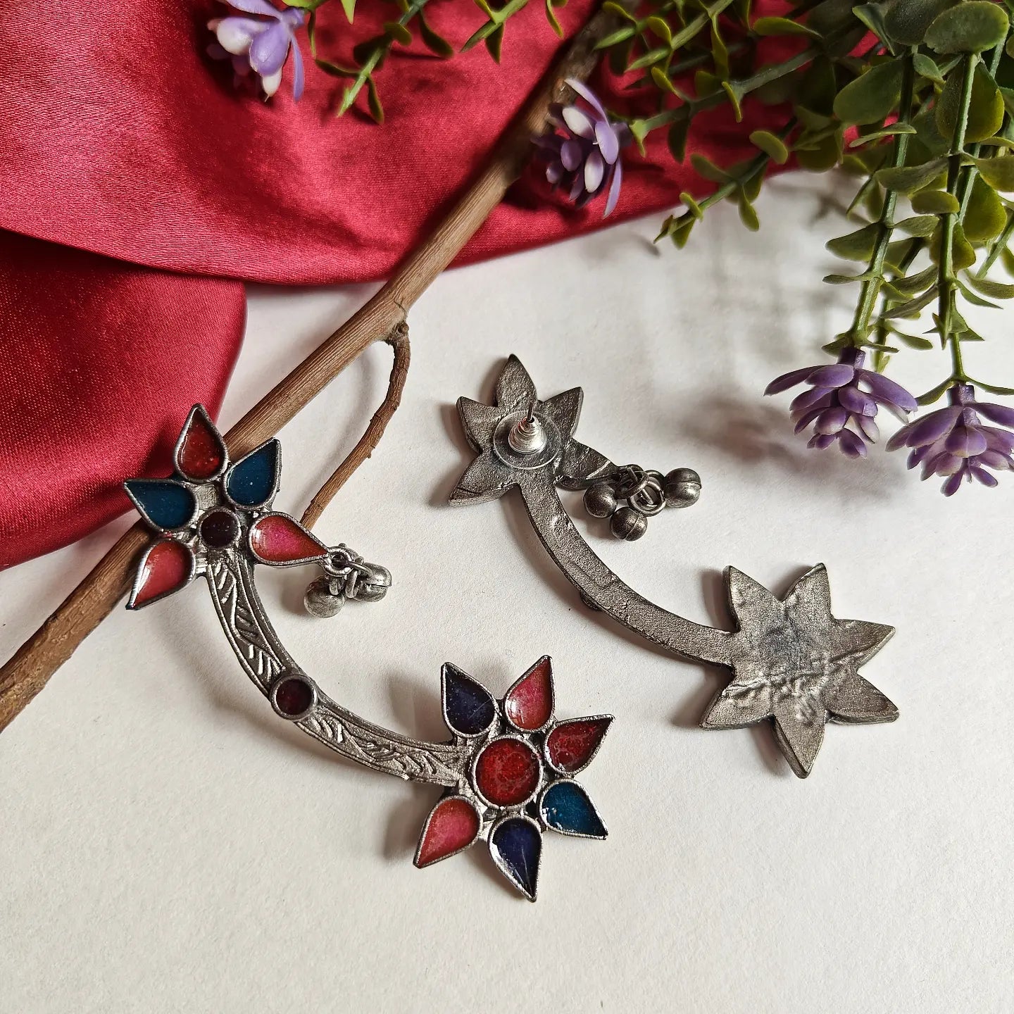 Floral Silver Cuff Drop Earrings