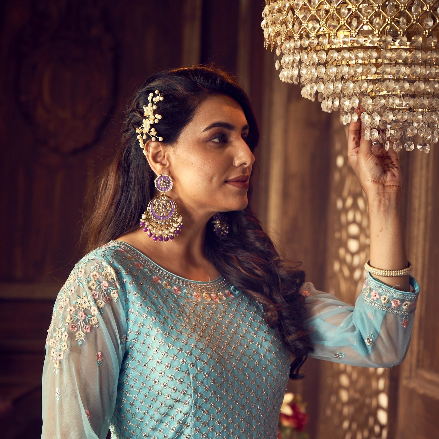Siya Meenakari Chandbali Earrings - Purple