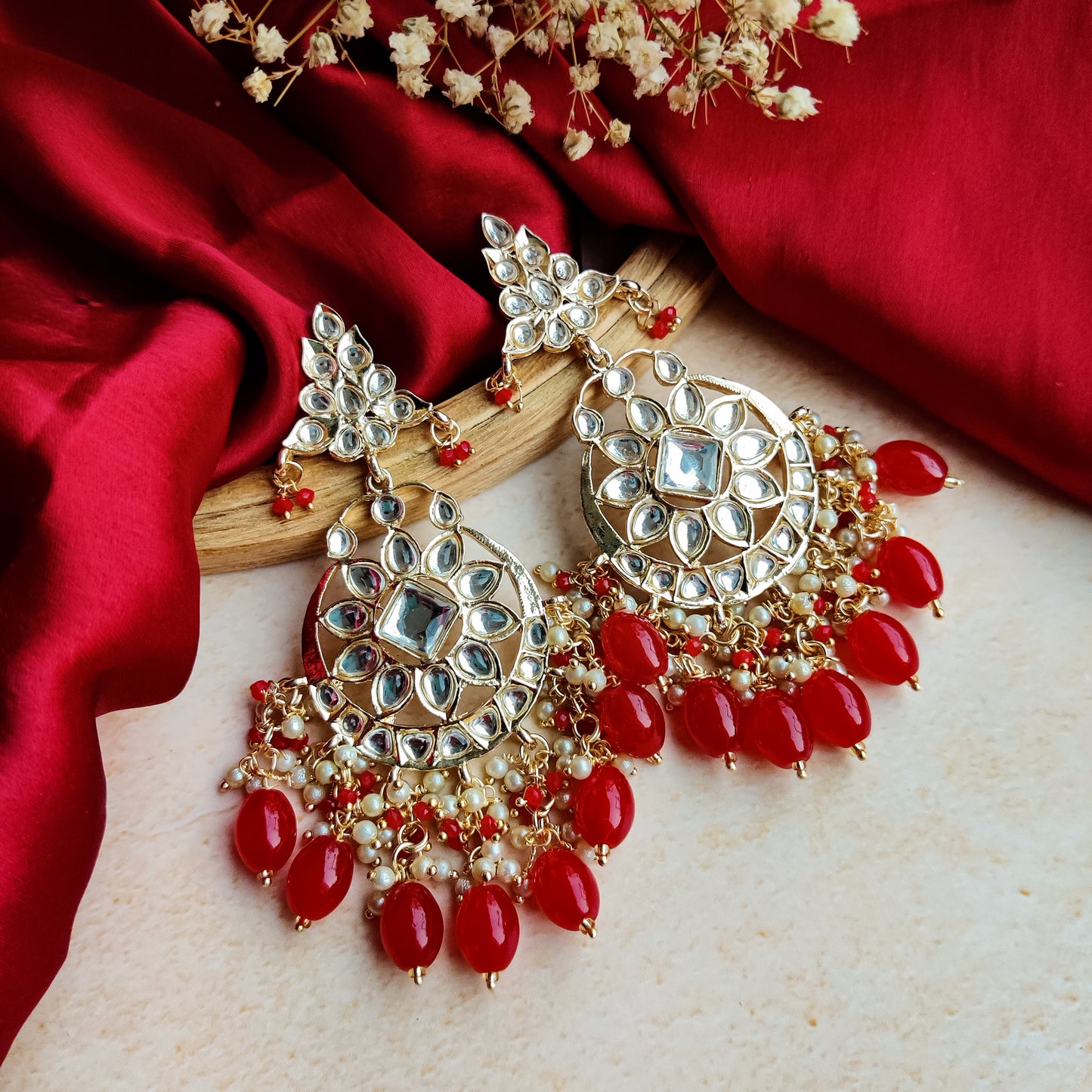 Yashi Kundan Chandbali Earrings - Red
