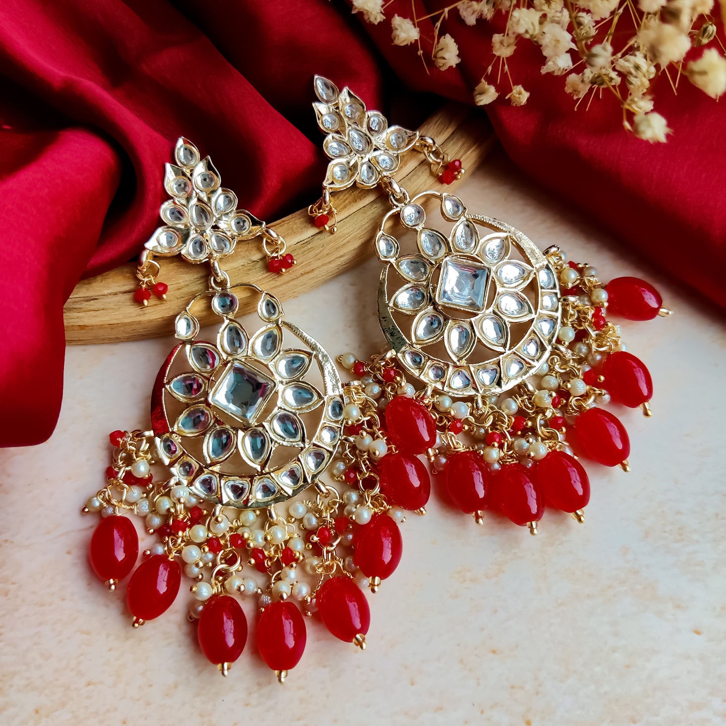Yashi Kundan Chandbali Earrings - Red