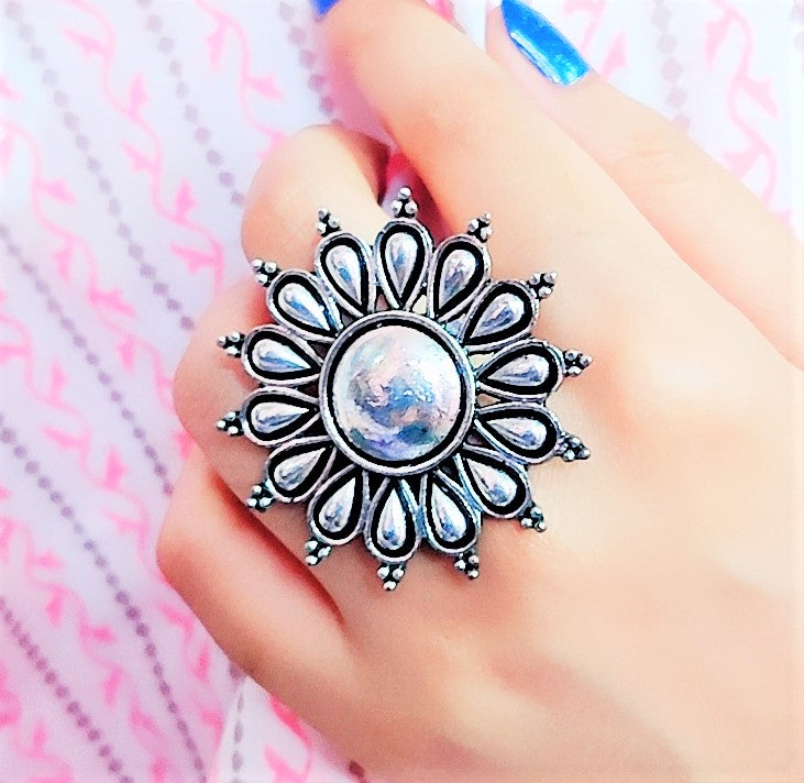 Floral German Silver Adjustable Ring