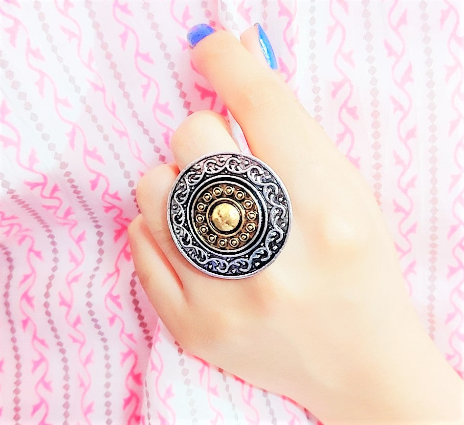 Dual Tone Carved Adjustable Ring