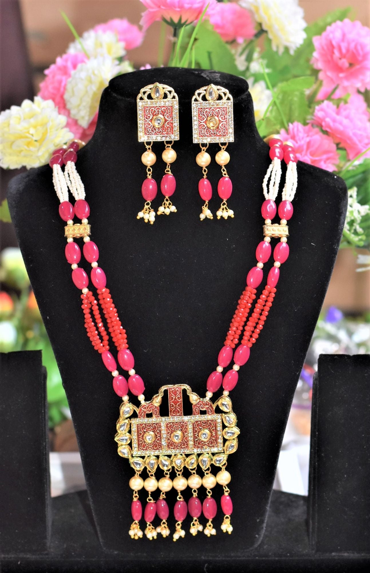 Long Rani Har Red Pearl Necklace Set
