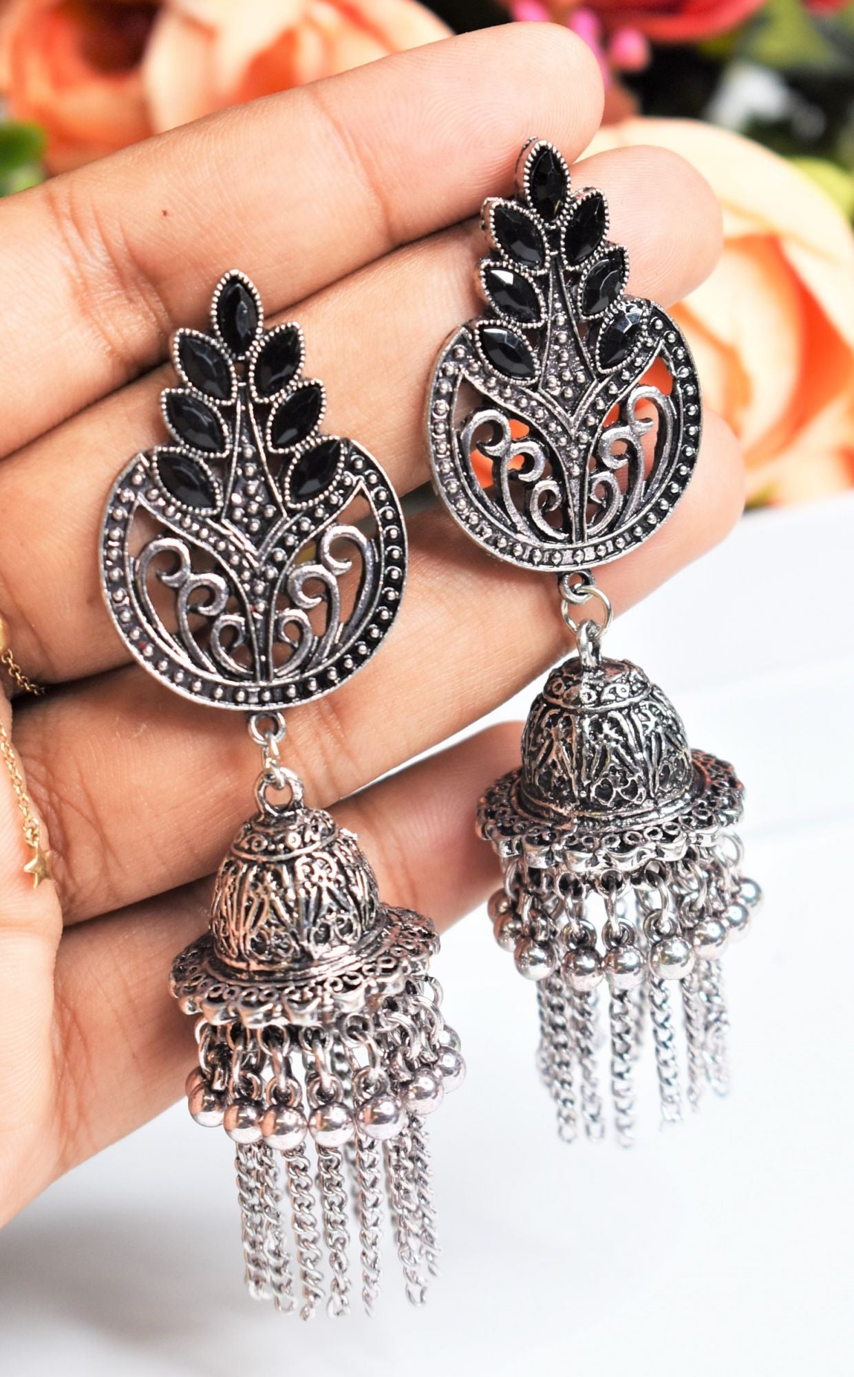Silver Leaf Oxidised GS Jhumka Earring