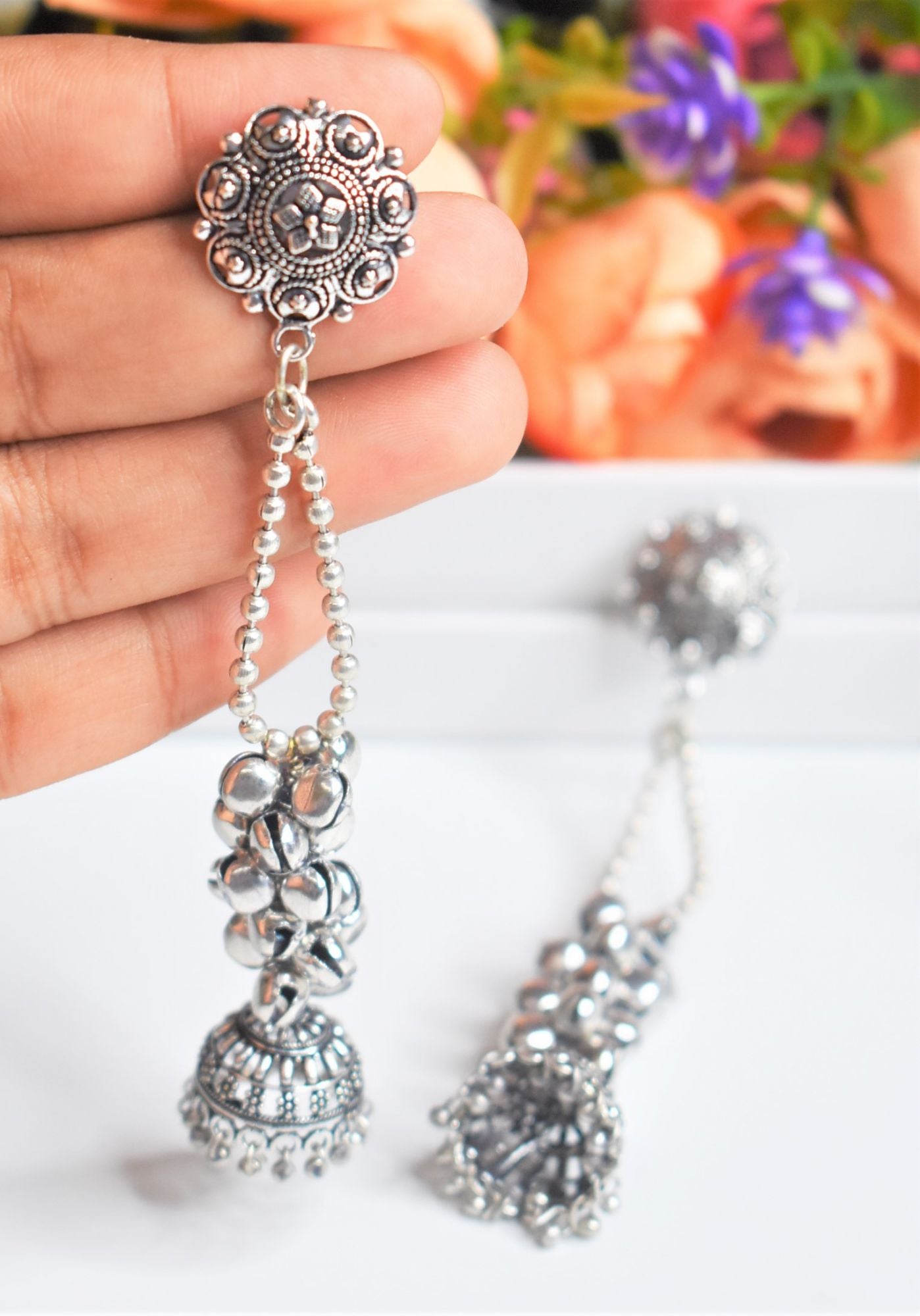Silver GS Ghungroo Oxidised Jhumka Earrings