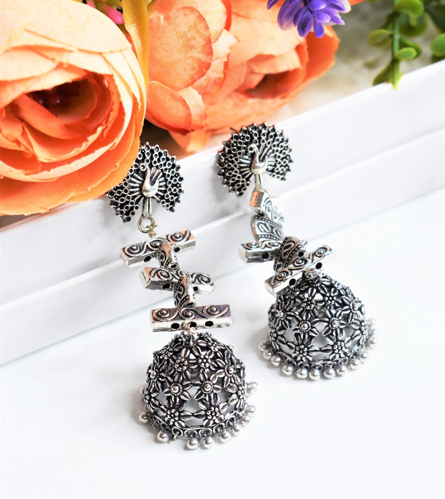 Peacock Stud Embellished Oxidised Jhumka Earring