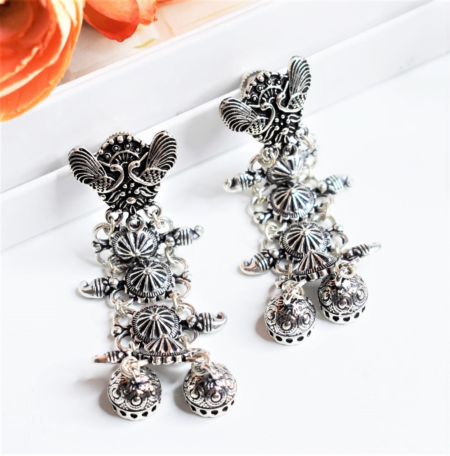 Peacock Embellished Multi Layer Oxidised Jhumka Earrings