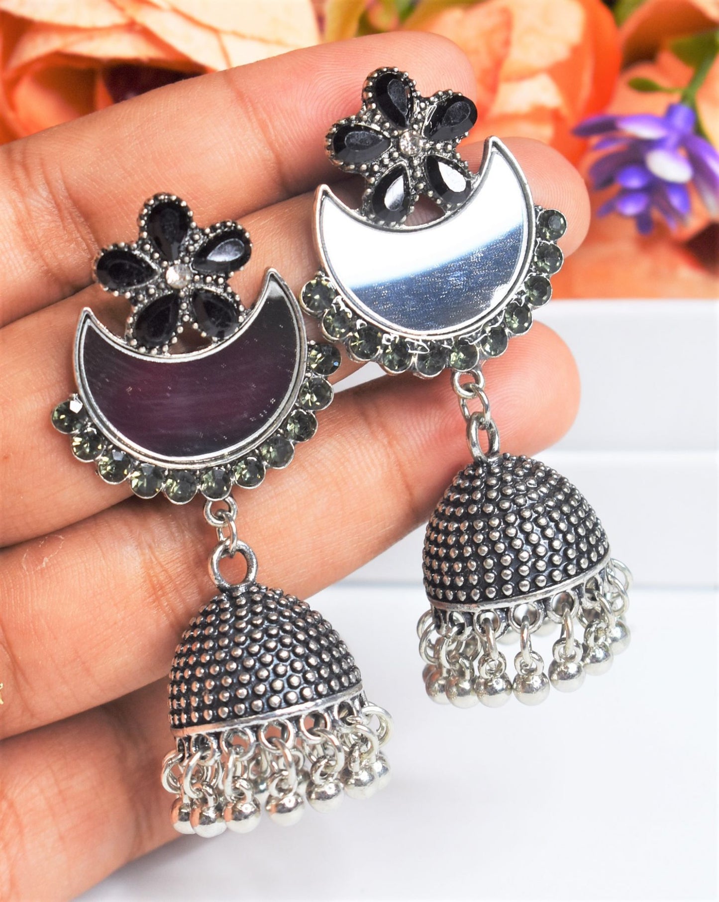 Flower Studded Silver Oxidised Mirror Jhumka Earring