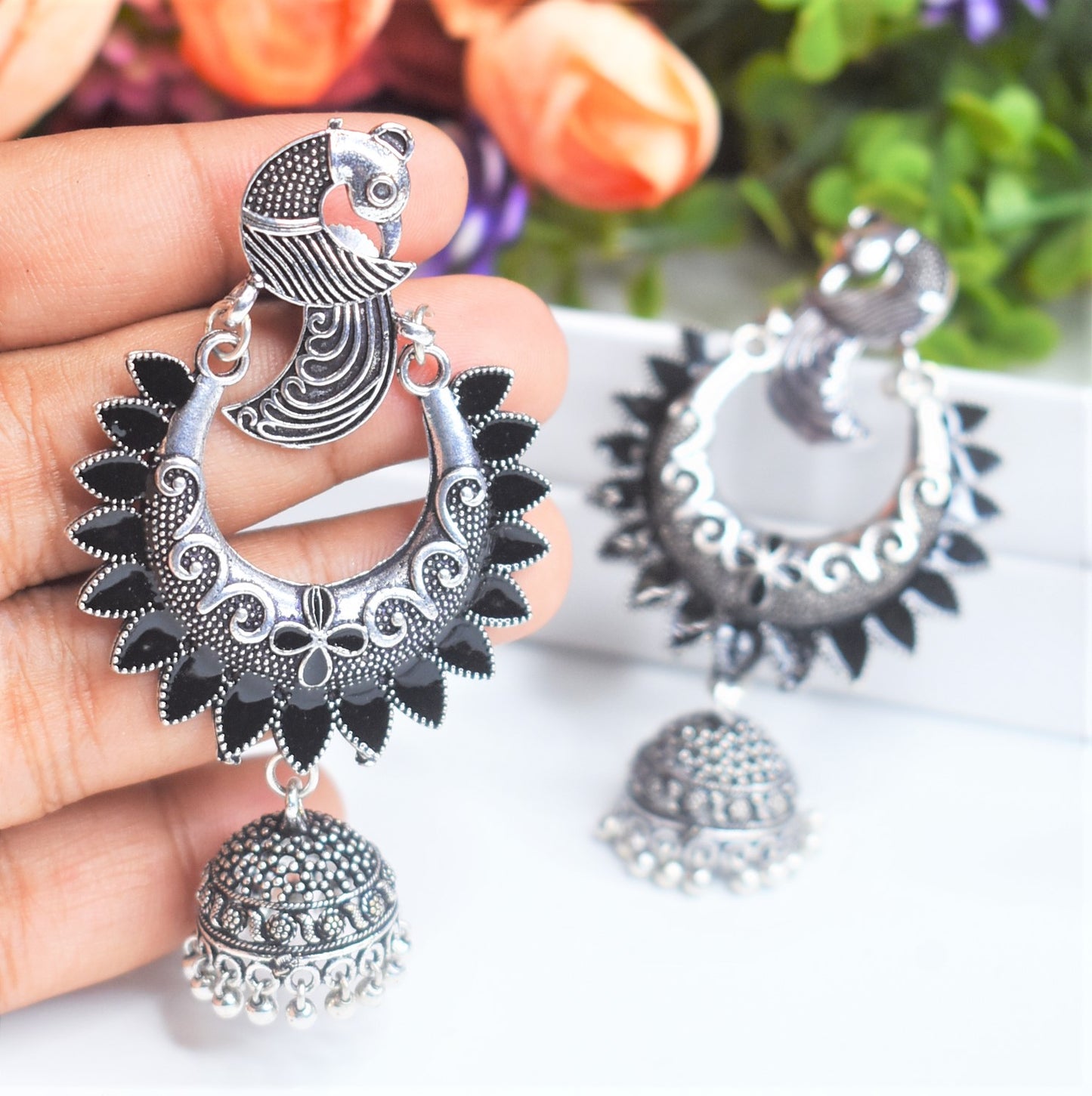BLACK STONE STUDDED SILVER GS JHUMKA EARRING