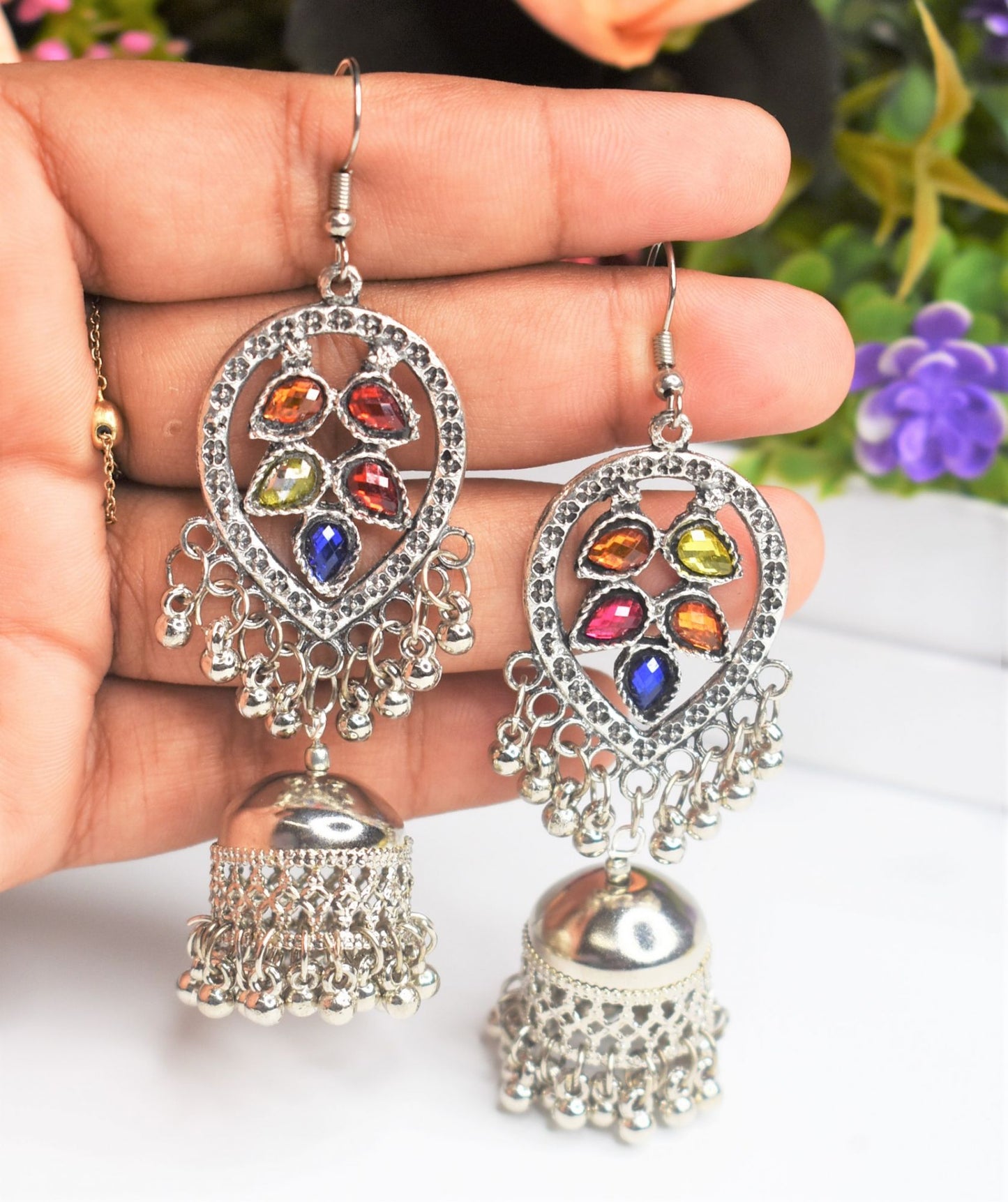 Silver Oxidised Hanging Jhumka Earrings