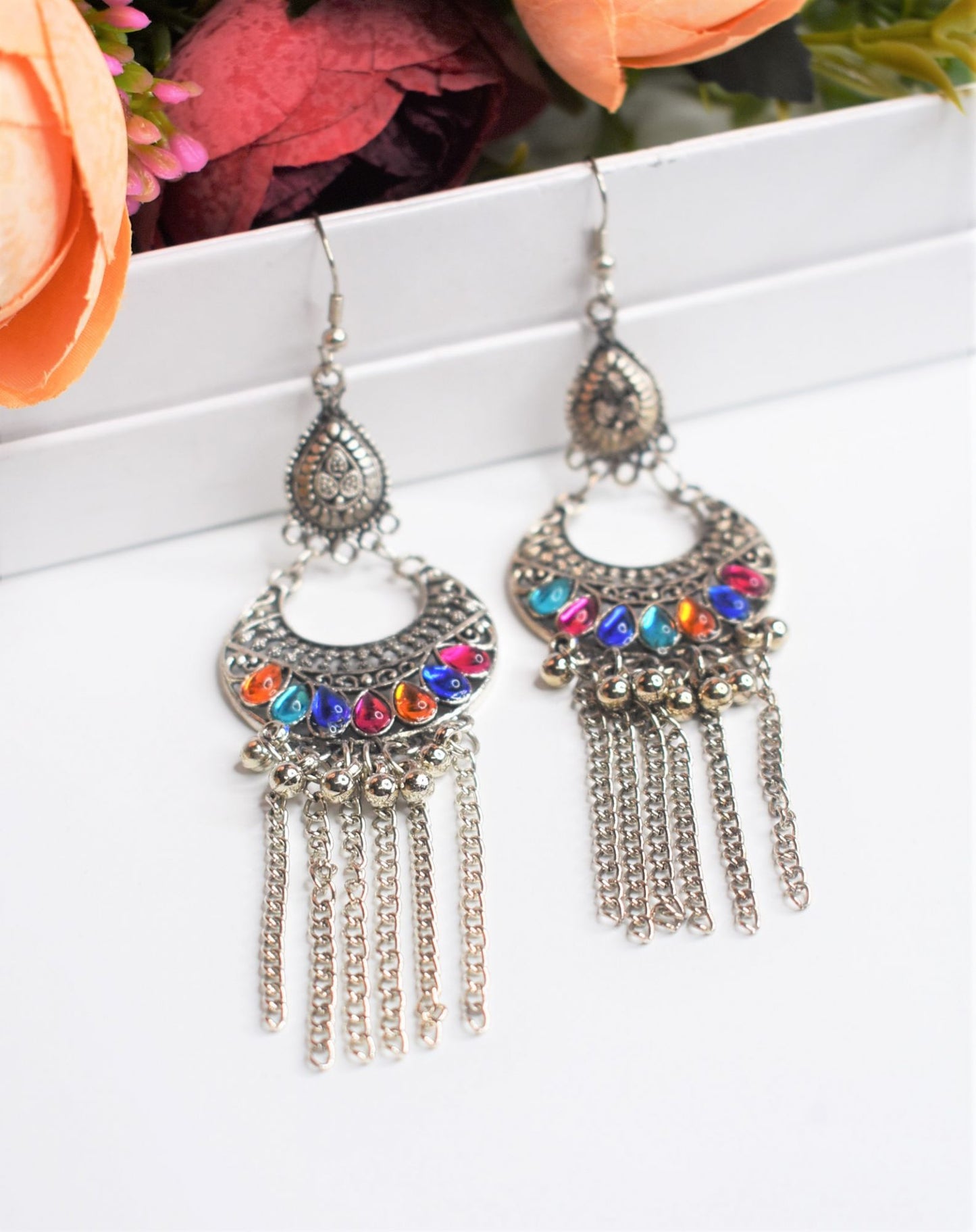 Meena Silver Oxidised Chandbali Earrings