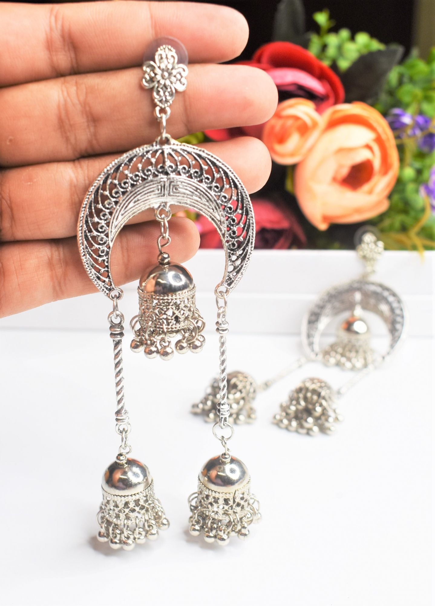 Triple Silver Jhumka Oxidised Earring