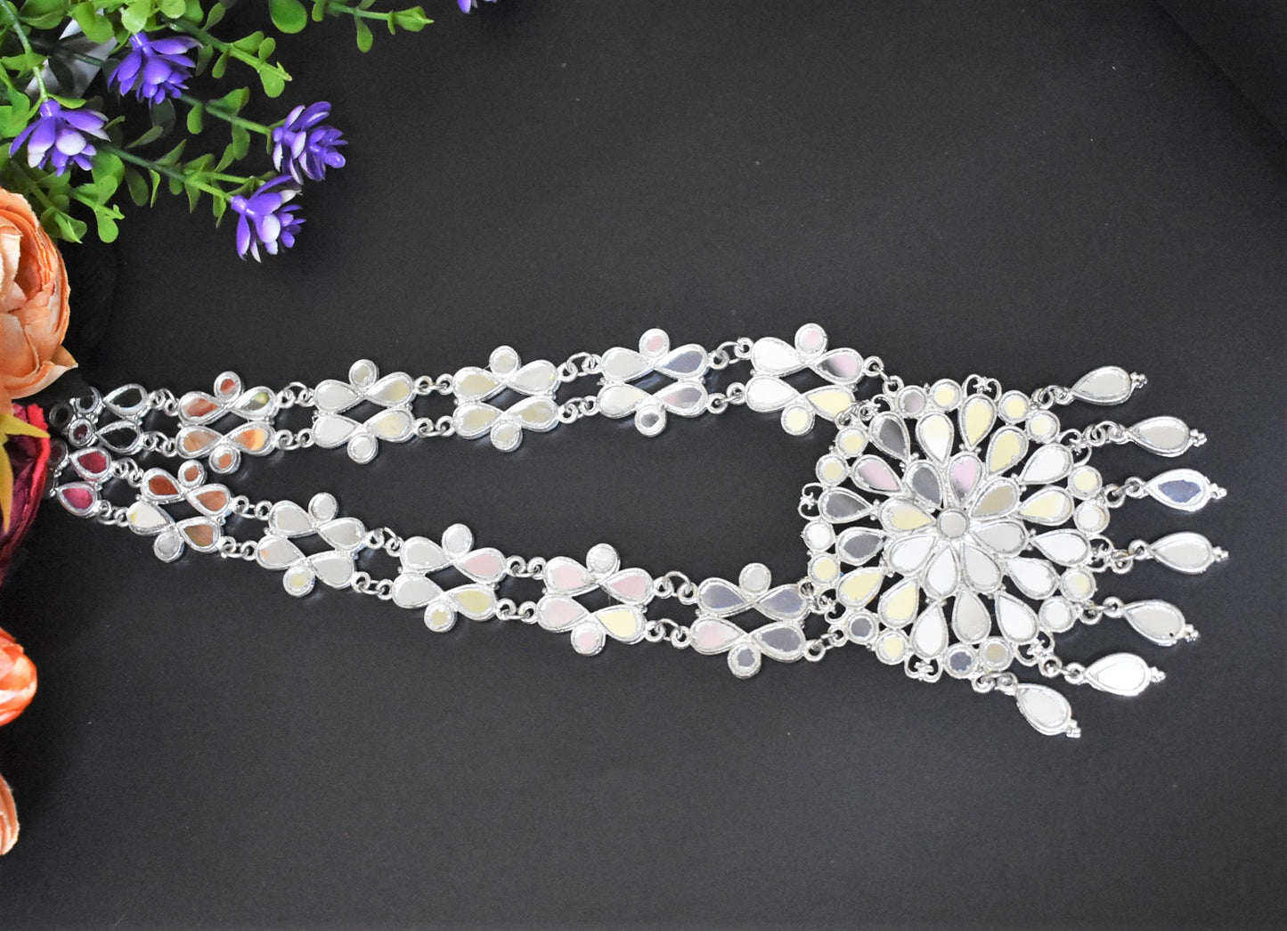 Hand Cut Glass Mirror Oxidised Necklace Set