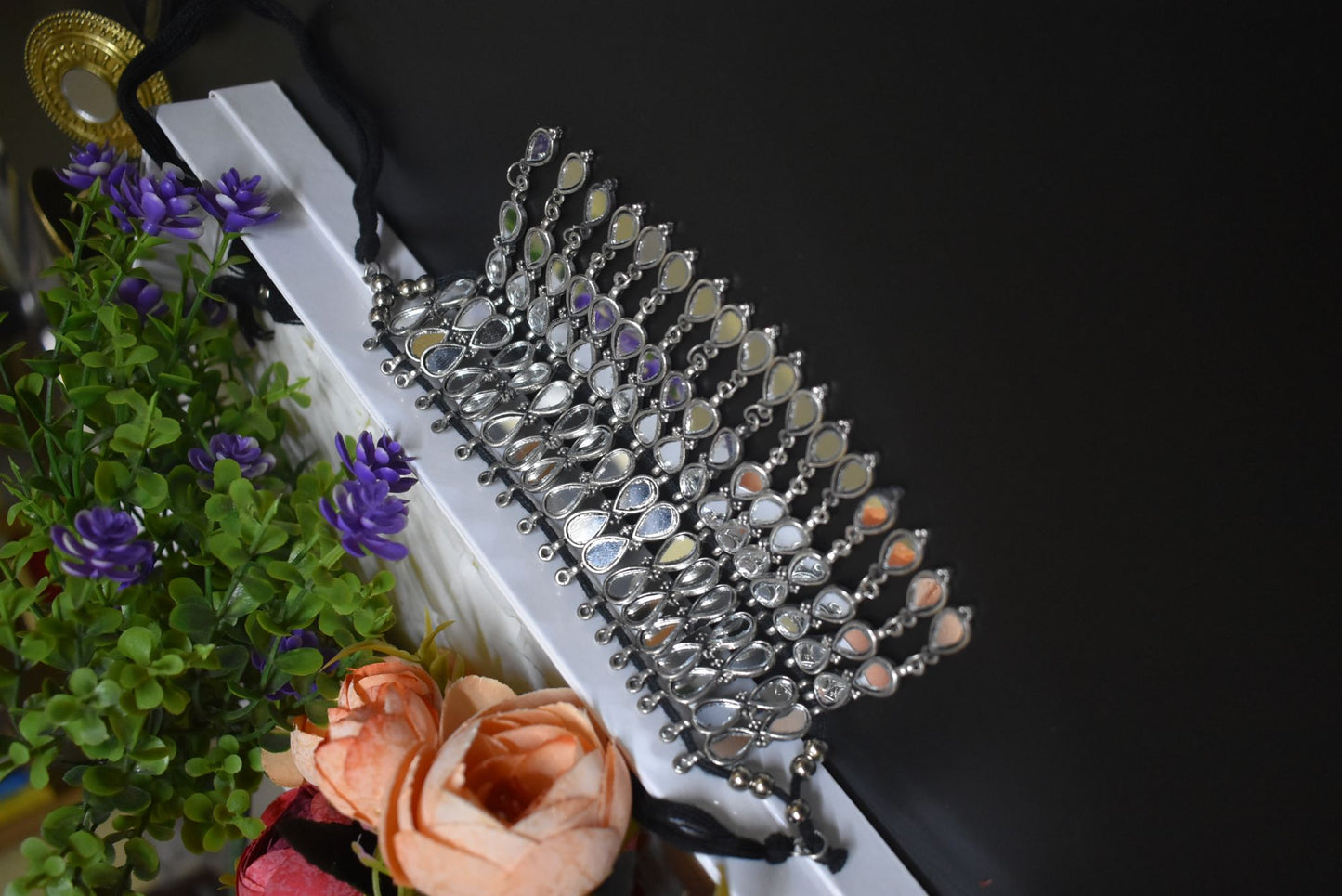 Hand Cut Glass Mirror Oxidised Choker Set