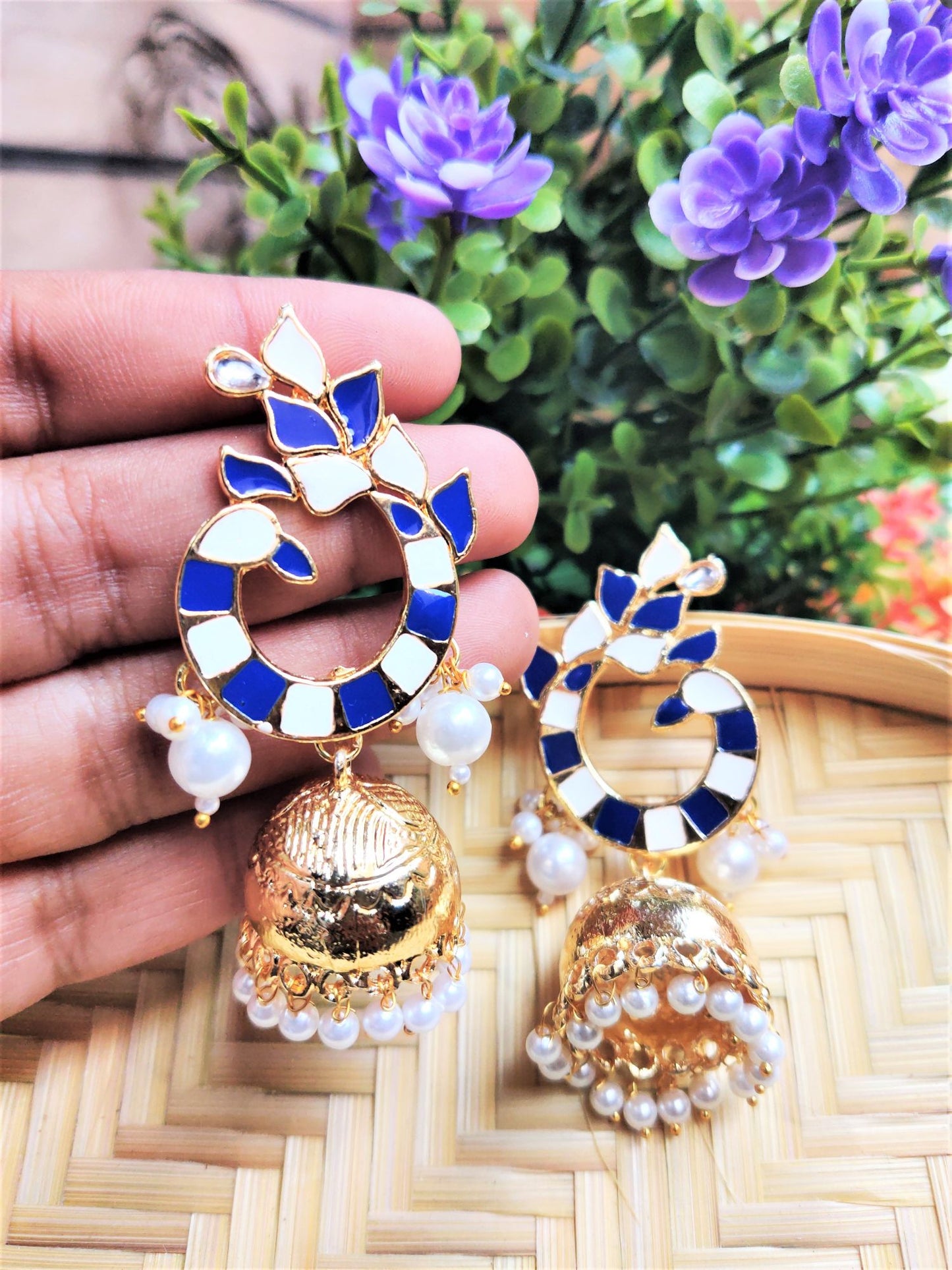 Peacock Golden Jhumka Earring - Blue