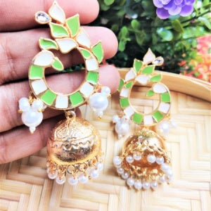 Peacock Golden Jhumka Earring - Green