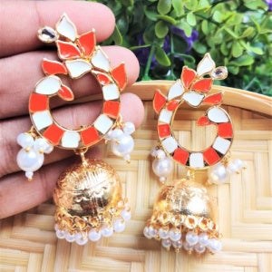 Peacock Golden Jhumka Earring - Orange