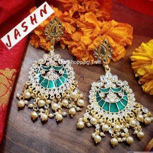 Sheenu Meenakari Chandbali Earrings - Green