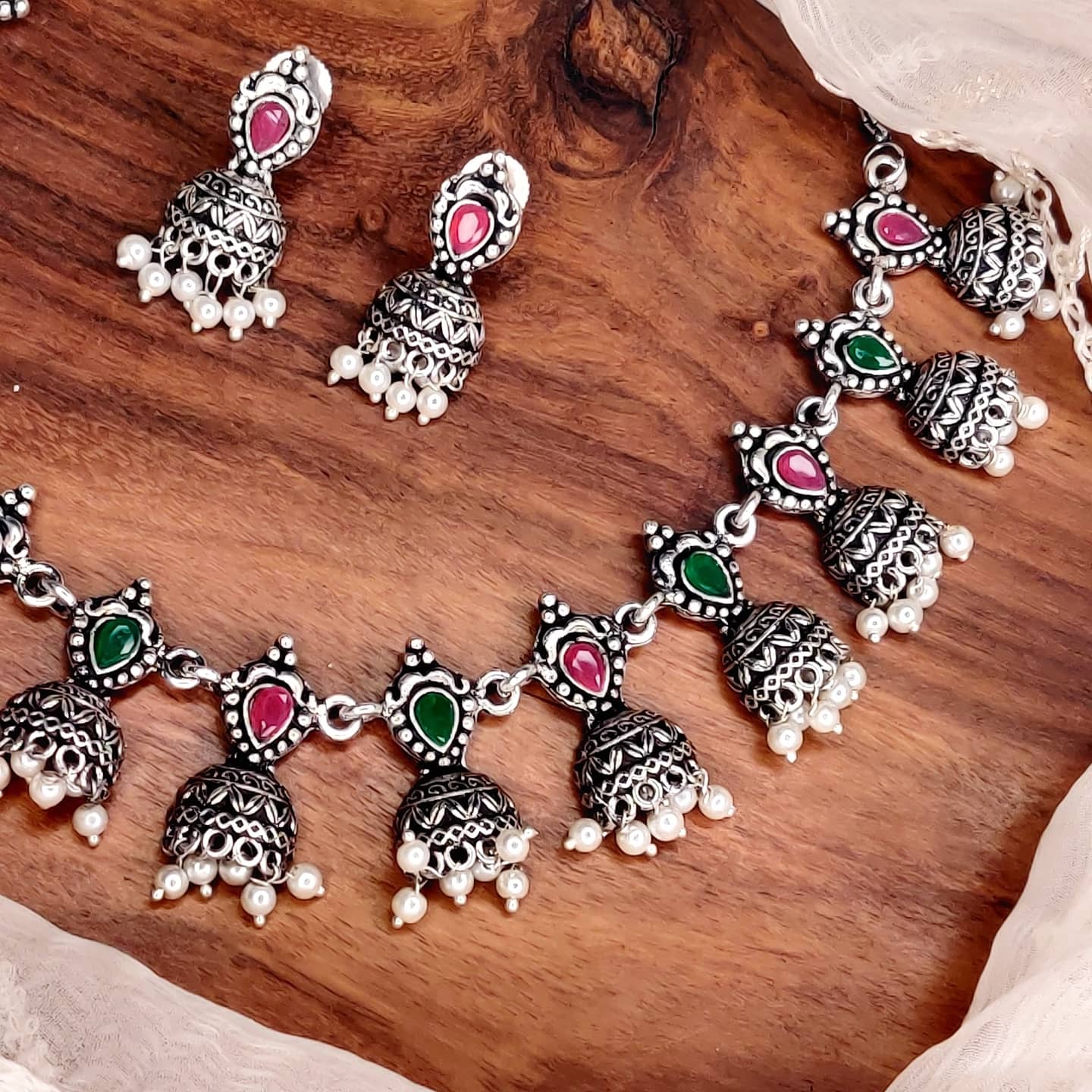 Gulpanag Silver Necklace - Pink & Green