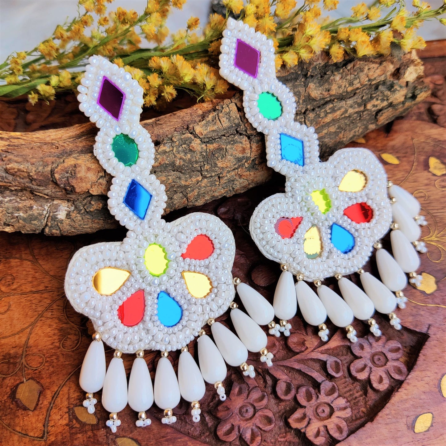 White Multi Afghani Glass Earrings
