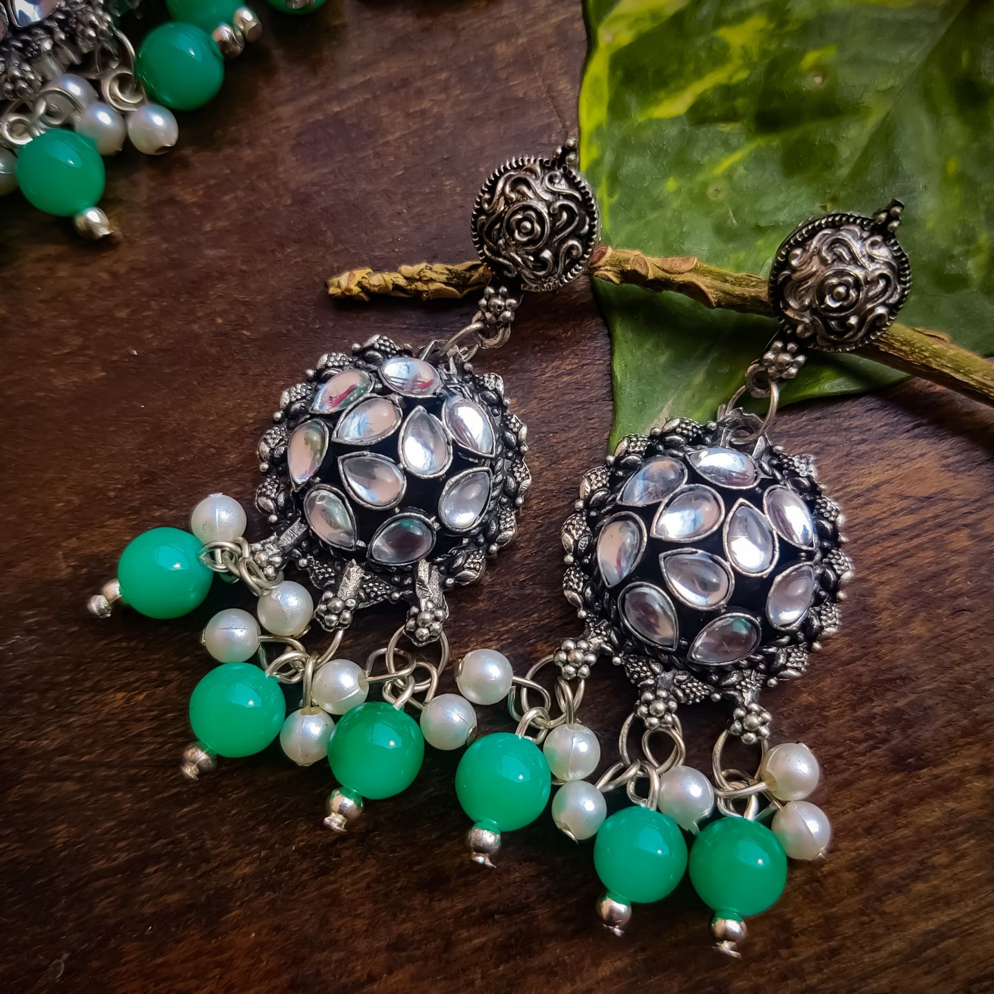 Alisha Silver Oxidised Necklace Set - Green