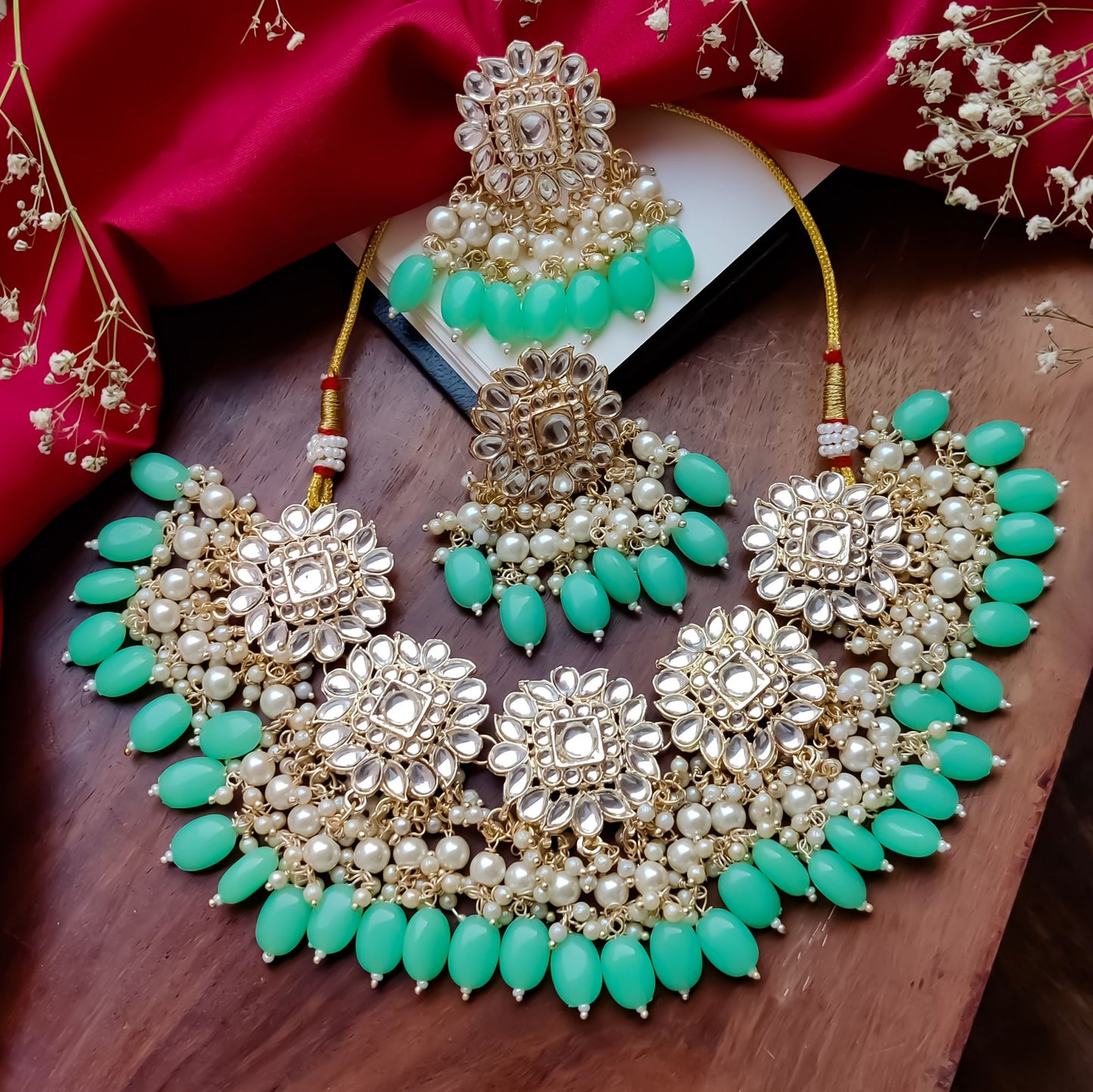 Arshi Kundan Pearl Necklace Set - Mint Green