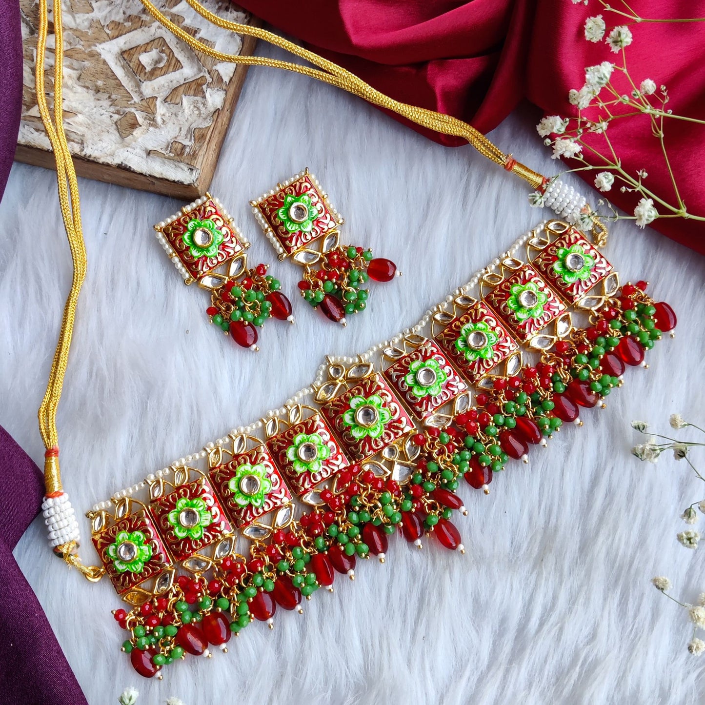MEENAKARI KUNDAN PEARL NECKLACE SET - Maroon