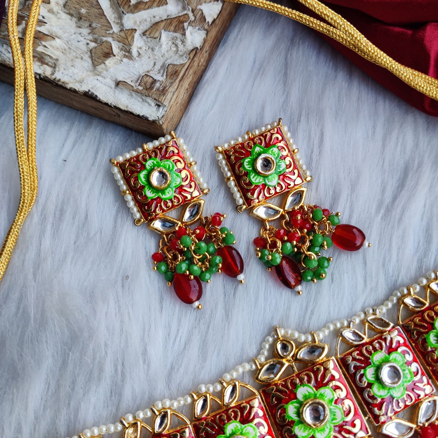 MEENAKARI KUNDAN PEARL NECKLACE SET - Maroon
