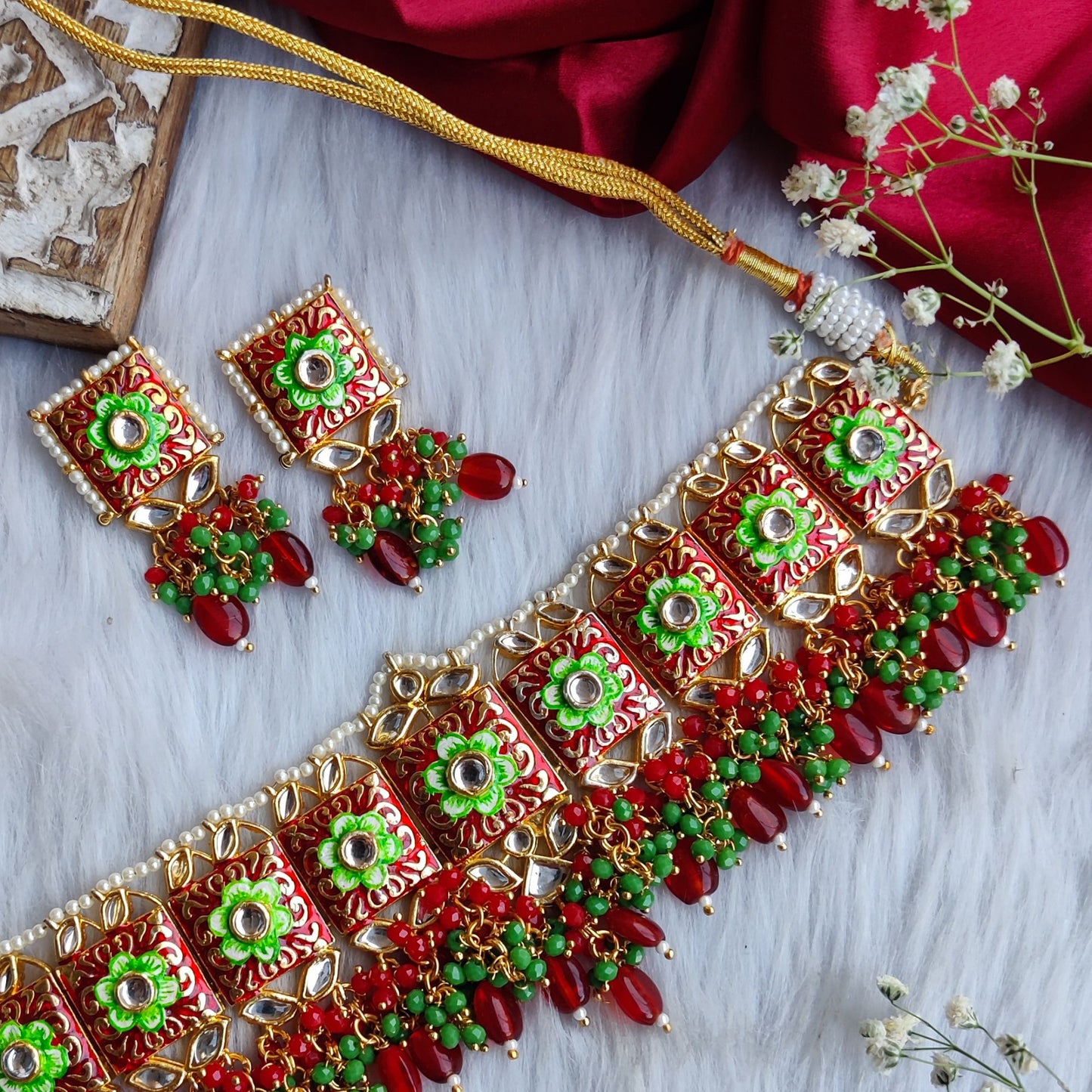 MEENAKARI KUNDAN PEARL NECKLACE SET - Maroon