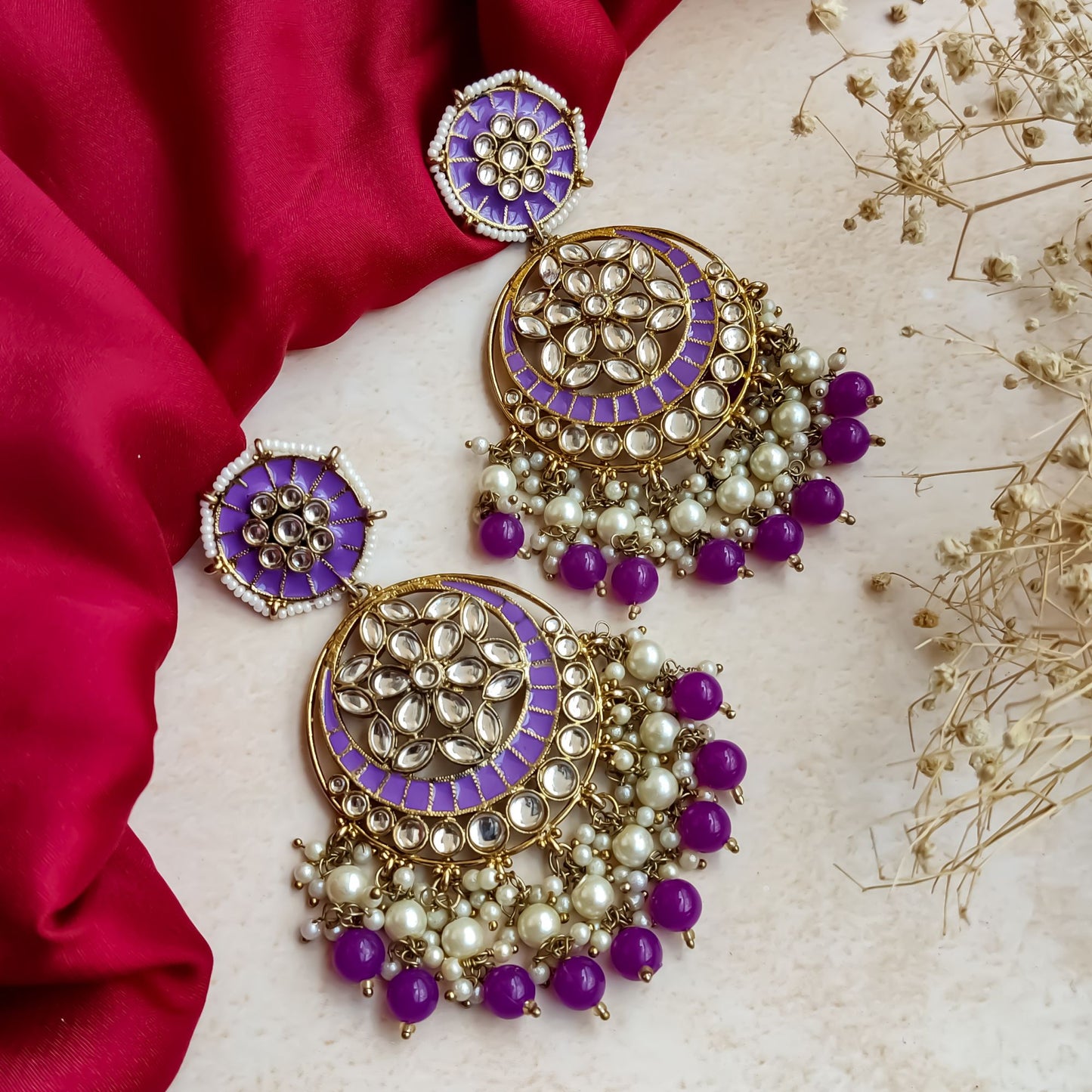 Siya Meenakari Chandbali Earrings - Purple