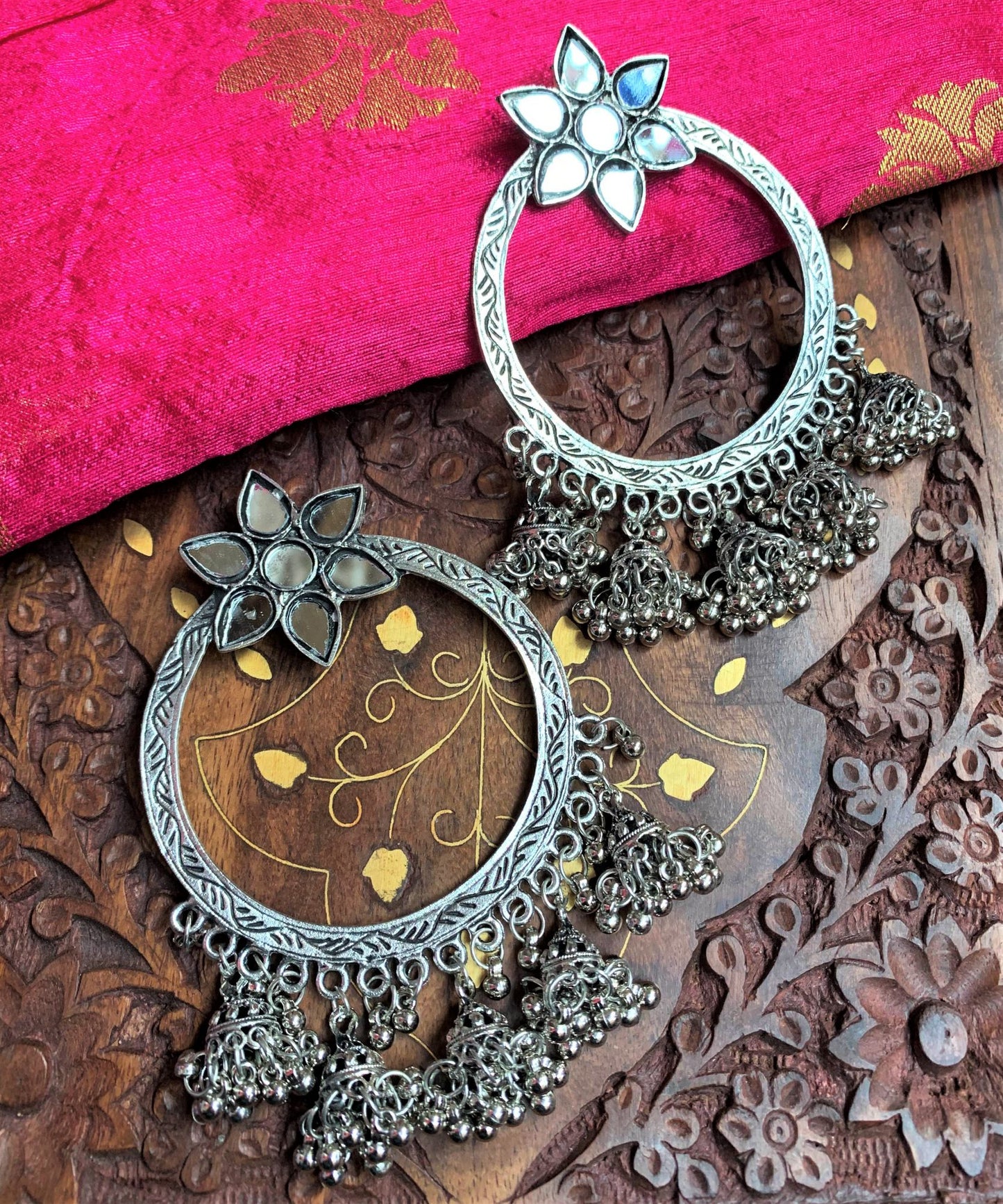 Mirror Hoop Silver Multi Jhumka Earring
