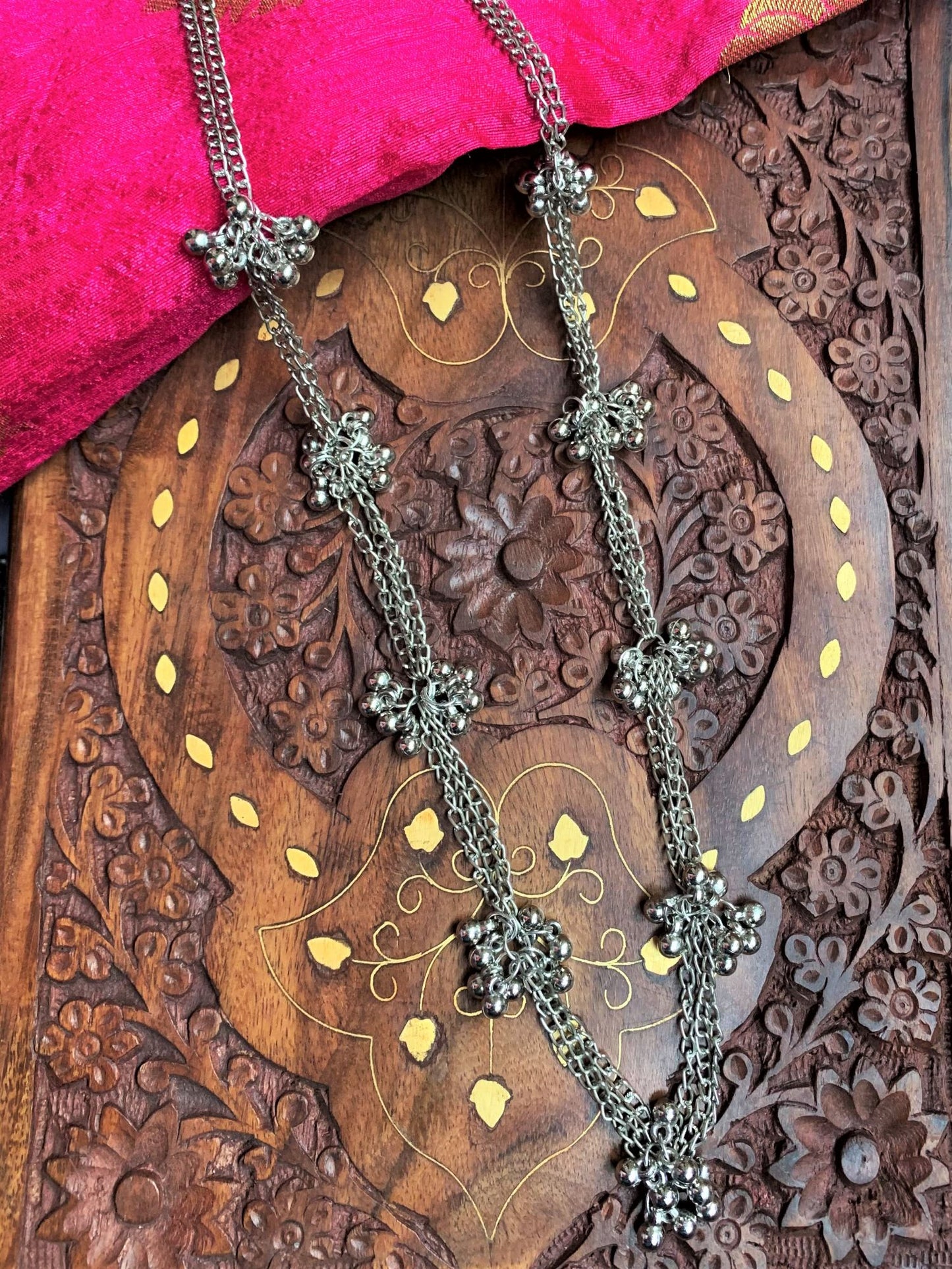 Silver Ghungroo Long Necklace Set