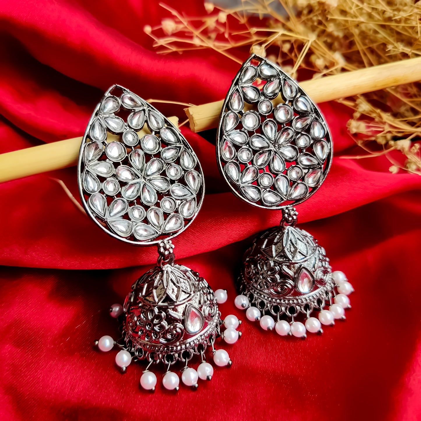 LEAF KUNDAN BLACK METAL JHUMKA EARRINGS