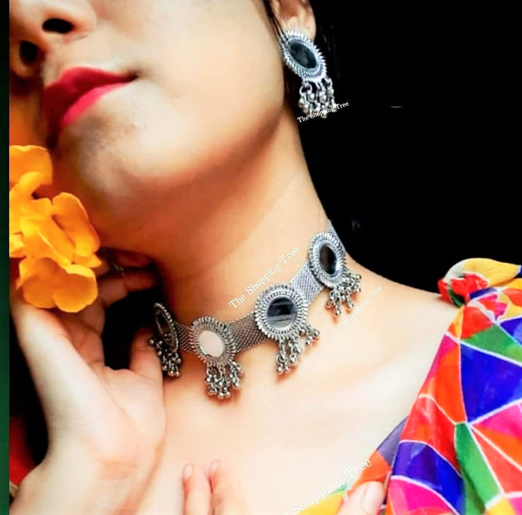 Mirror Oxidised Choker Necklace Set