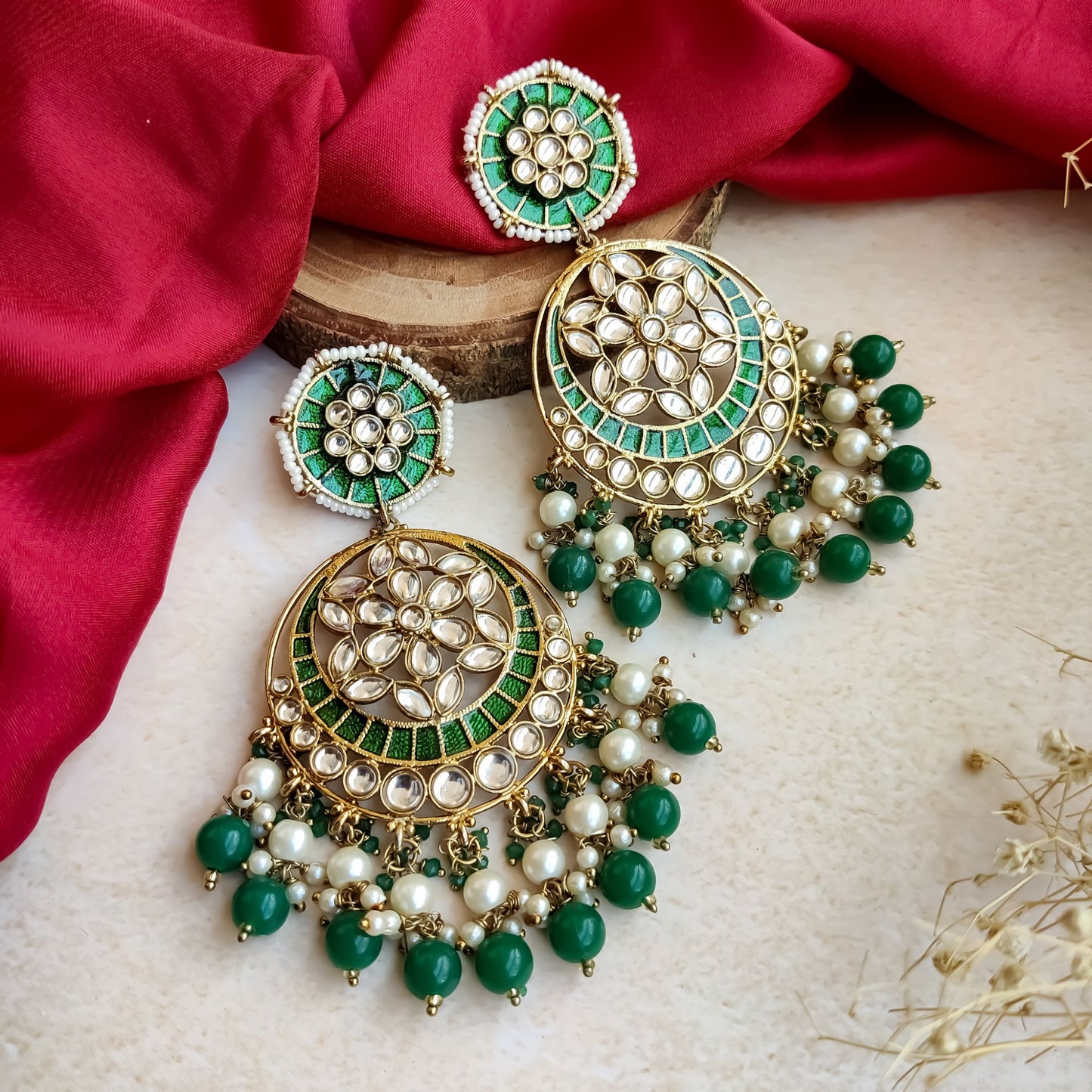 Siya Meenakari Chandbali Earrings - Green