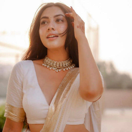 Debina Kundan Necklace Set in Golden - Premium Imitation Jewellery for Silk Sarees by The Shopping Tree