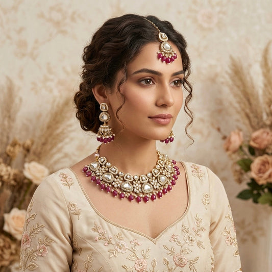 Ramsha Royal Kundan Necklace Set Pink by The Shopping Tree