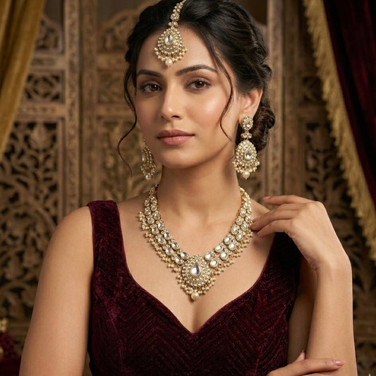 Bela Royal Kundan Necklace Set Golden - Jewellery for Purple Outfit by The Shopping Tree