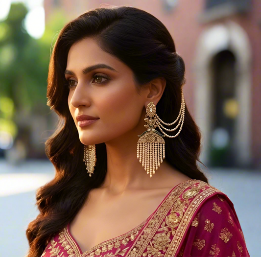 Saira Pearl Peacock Chandbali Earrings with Sahara Earchains by The Shopping Tree