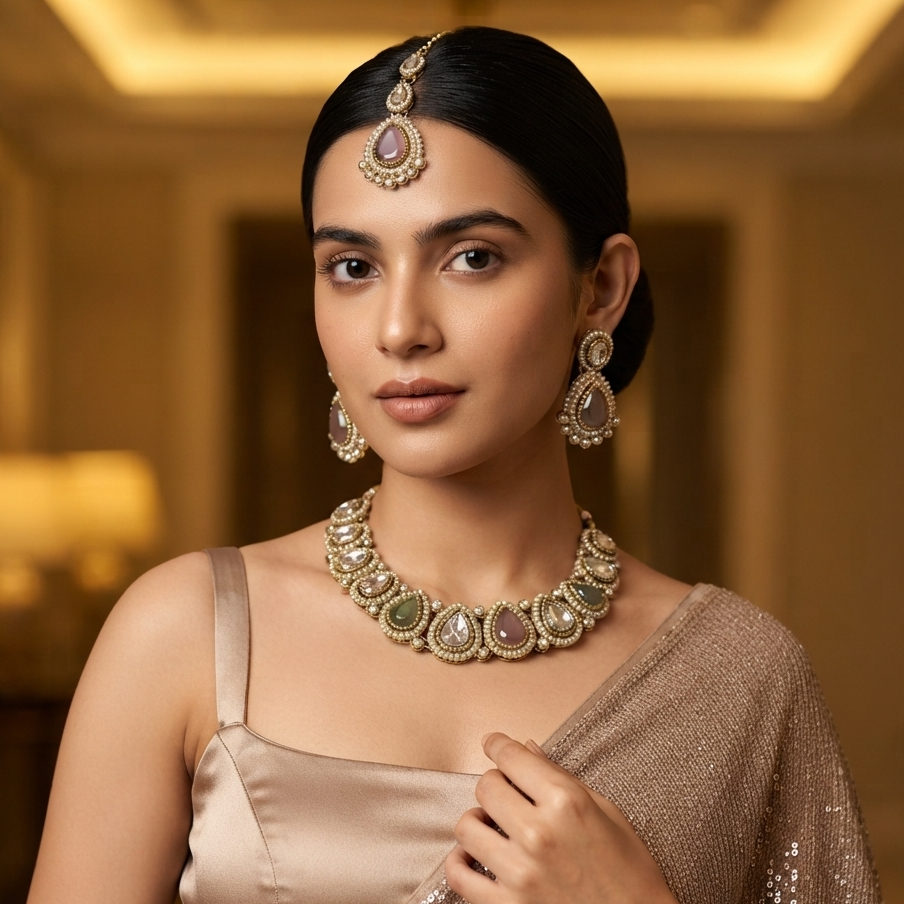 Mannat Zircone Polki Lookalike Premium Necklace Set in Pastel Pink and Green by The Shopping Tree