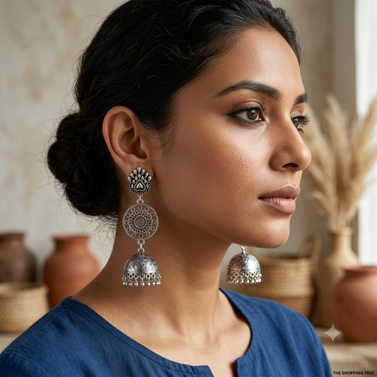 Silver Lotus Oxidised Jhumka Earrings — The Shopping Tree