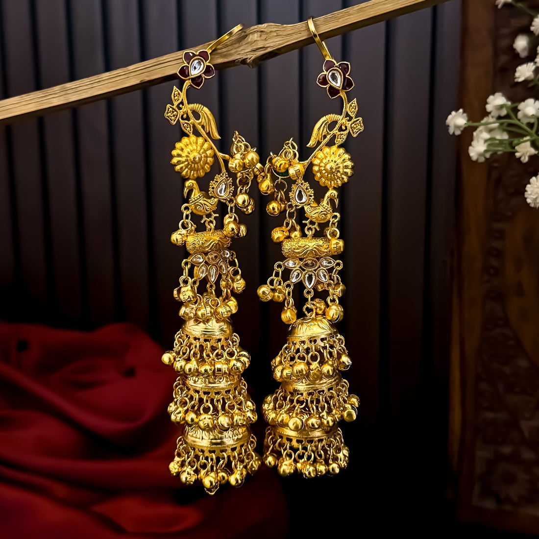 Neelkanchi Peacock Kashmiri Brass Jhumka with Earcuff Earrings by The Shopping Tree