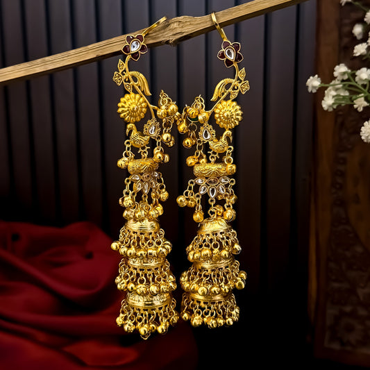 Neelkanchi Peacock Kashmiri Brass Jhumka with Earcuff Earrings by The Shopping Tree