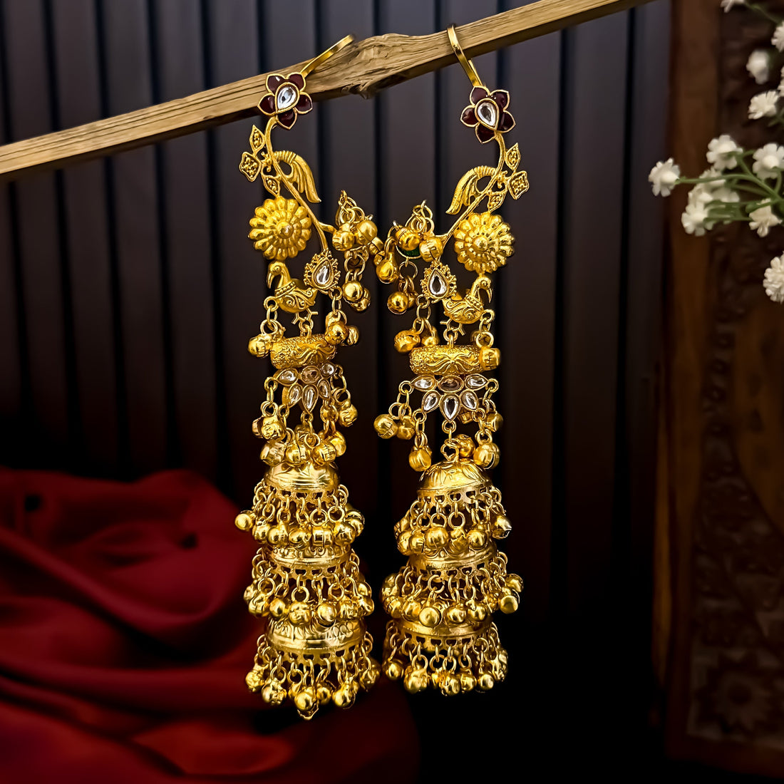 Neelkanchi Peacock Kashmiri Brass Jhumka with Earcuff Golden - Perfect Haldi Jewellery by The Shopping Tree